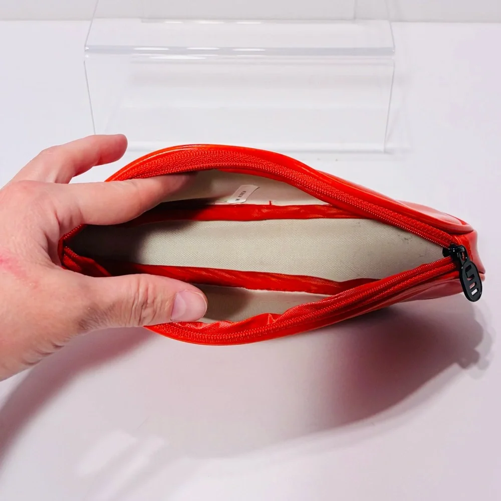 90s Ultima II Revlon Red Patent Lip Shaped Cosmetic Bag Vintage Korea 8.5”x3.5”